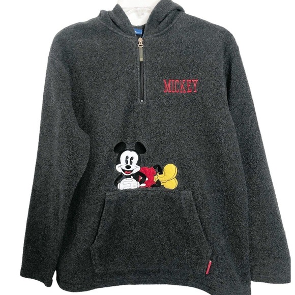 Disney Mickey Mouse Embroidered 1/4 Zip Gray Fleece Pullover Hoodie Size Large - Picture 1 of 10